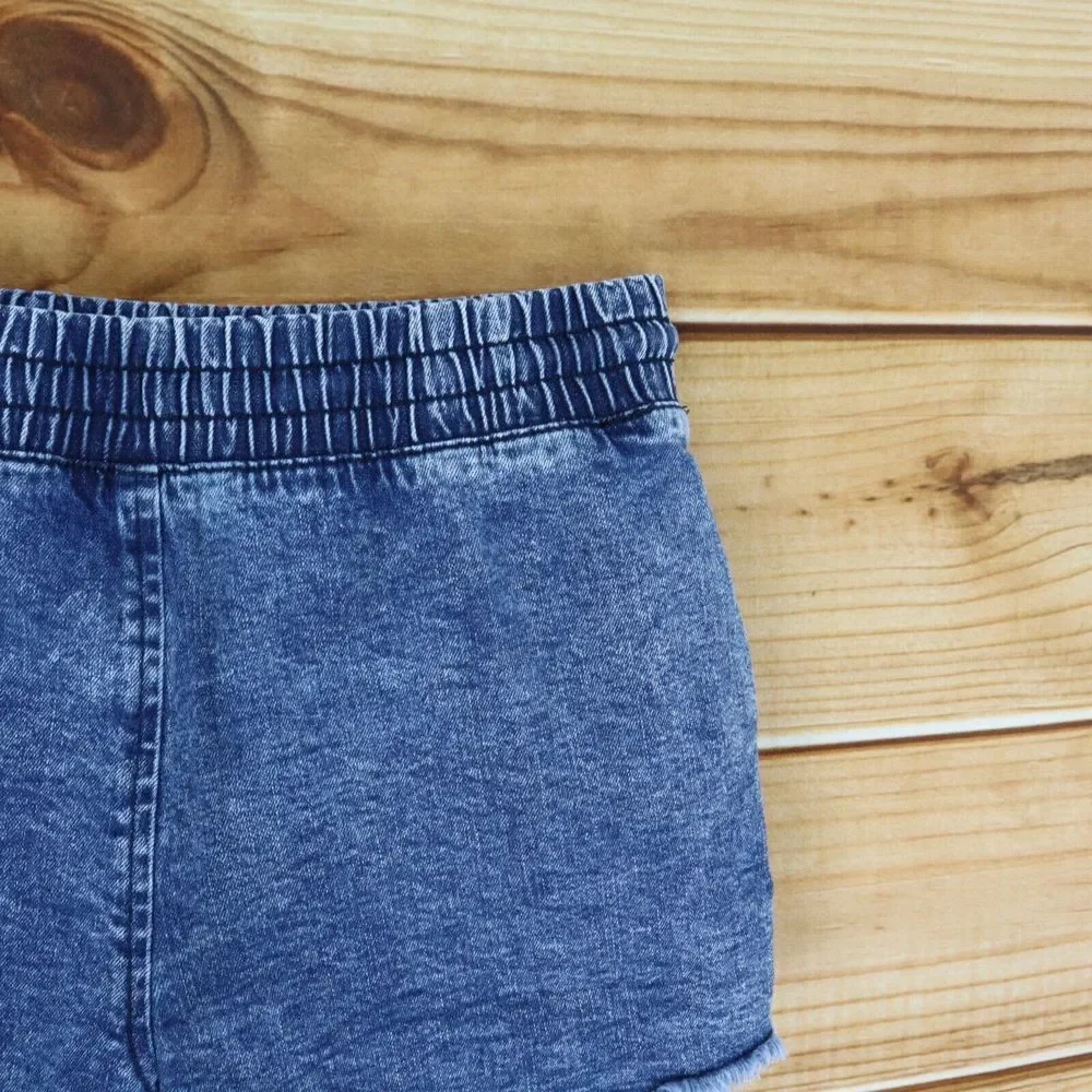 NOBO No‎ Boundaries Jean Shorts Stretch Waist Womens Sz XS Blue Pockets Mid Rise
